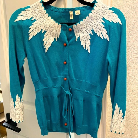 Vintage Vtg Anthropologie Moth Appliqué Cardigan Sweater w/ Tie Belt 3/4 Sleeve - Picture 3 of 4
